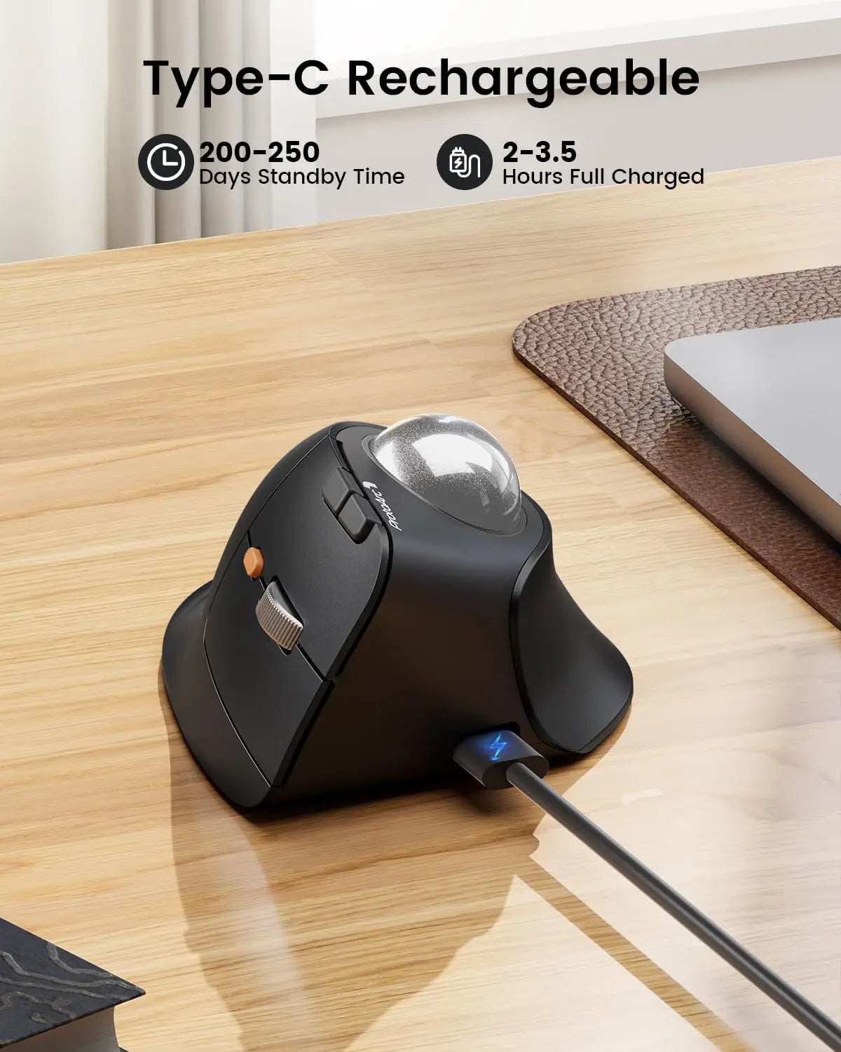 ProtoArc Vertical Wireless Trackball Mouse, EM05 NL Bluetooth Ergonomic Rollerball Mouse Rechargeable Computer Laptop Thumb Mice